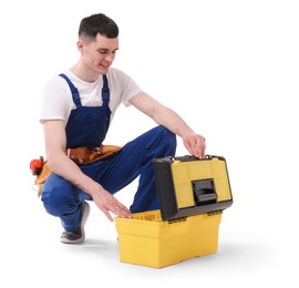 Professional repairman with tool box on white background