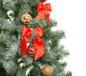 Beautiful Christmas tree with decor on white background, closeup. Celebration time