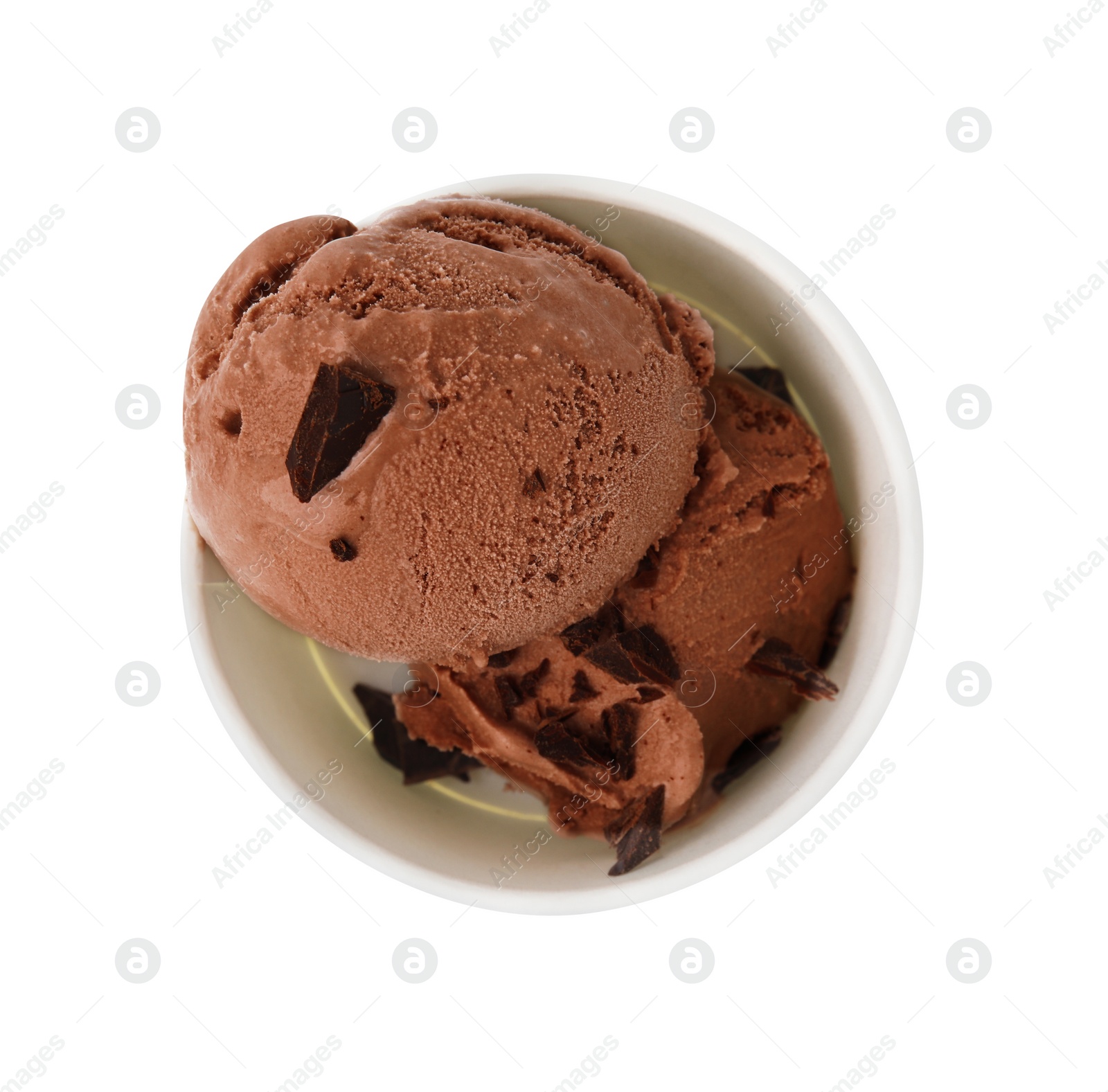 Photo of Paper cup with tasty chocolate ice cream isolated on white, top view