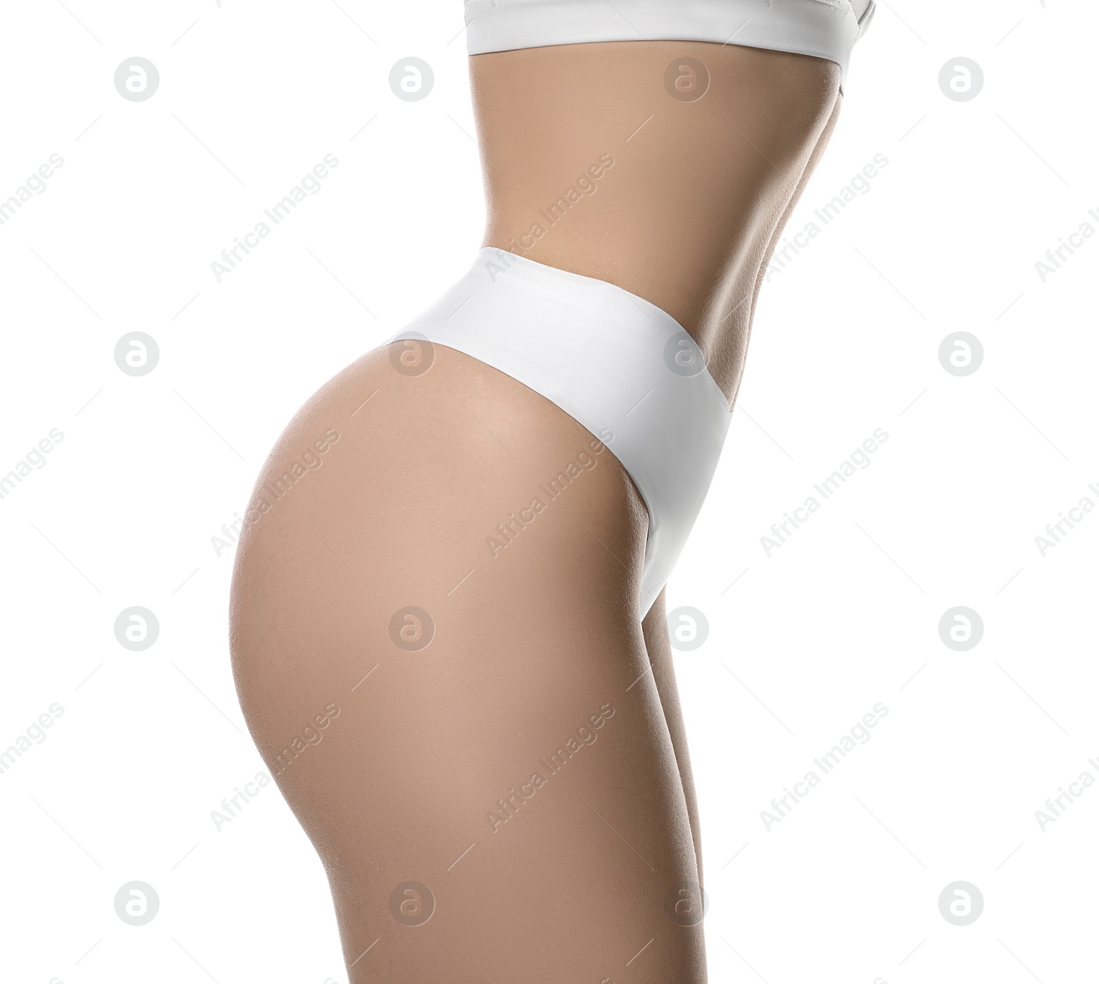 Photo of Closeup view of slim woman in underwear on white background. Cellulite problem concept