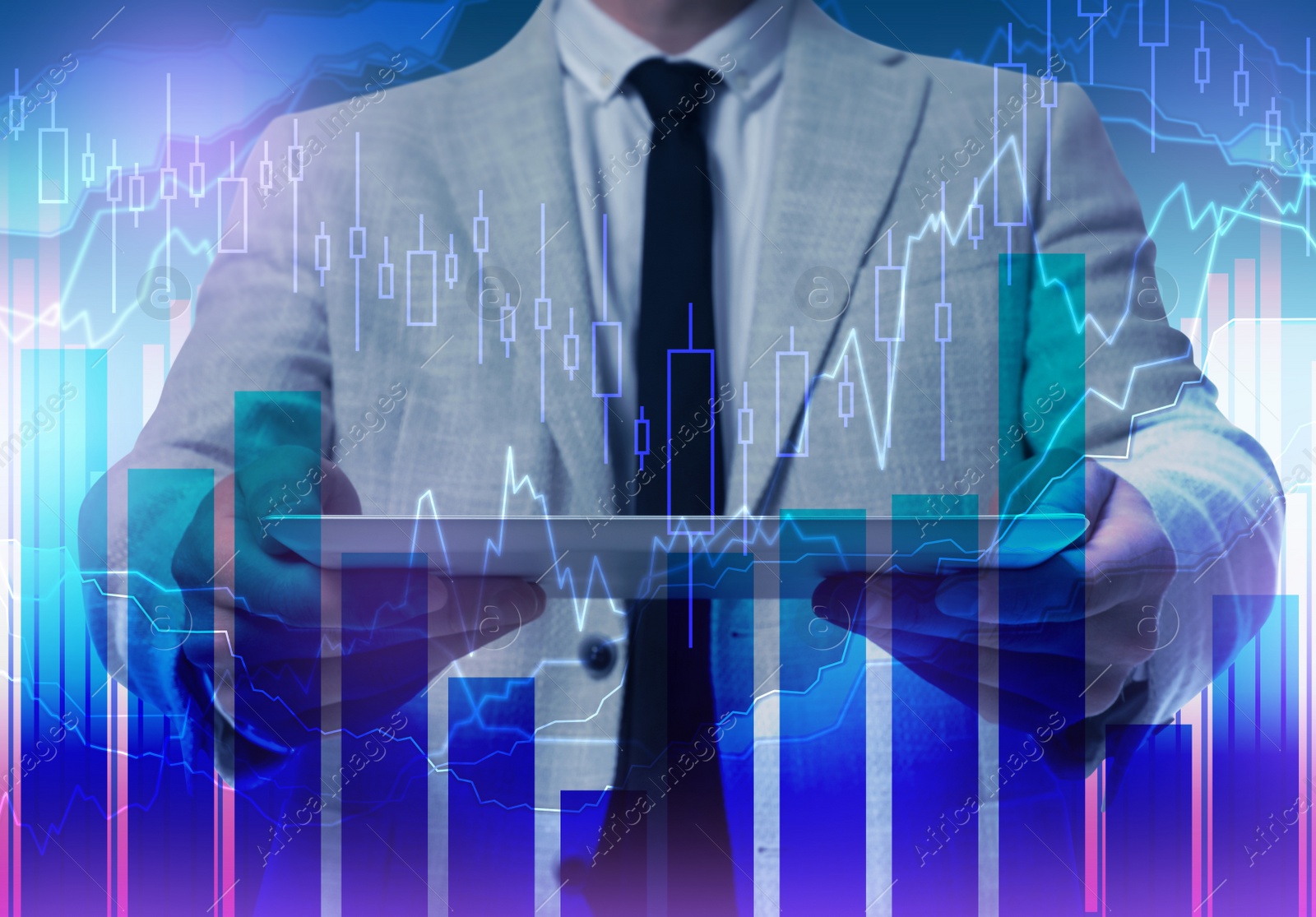 Image of Forex trading. Double exposure of charts and man using tablet computer, closeup