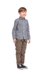 Little boy in shirt and pants on white background