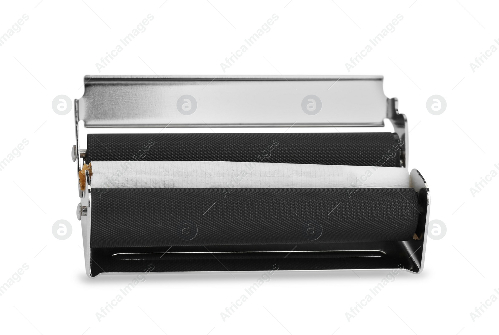 Photo of Manual roller with hand rolled tobacco cigarette isolated on white