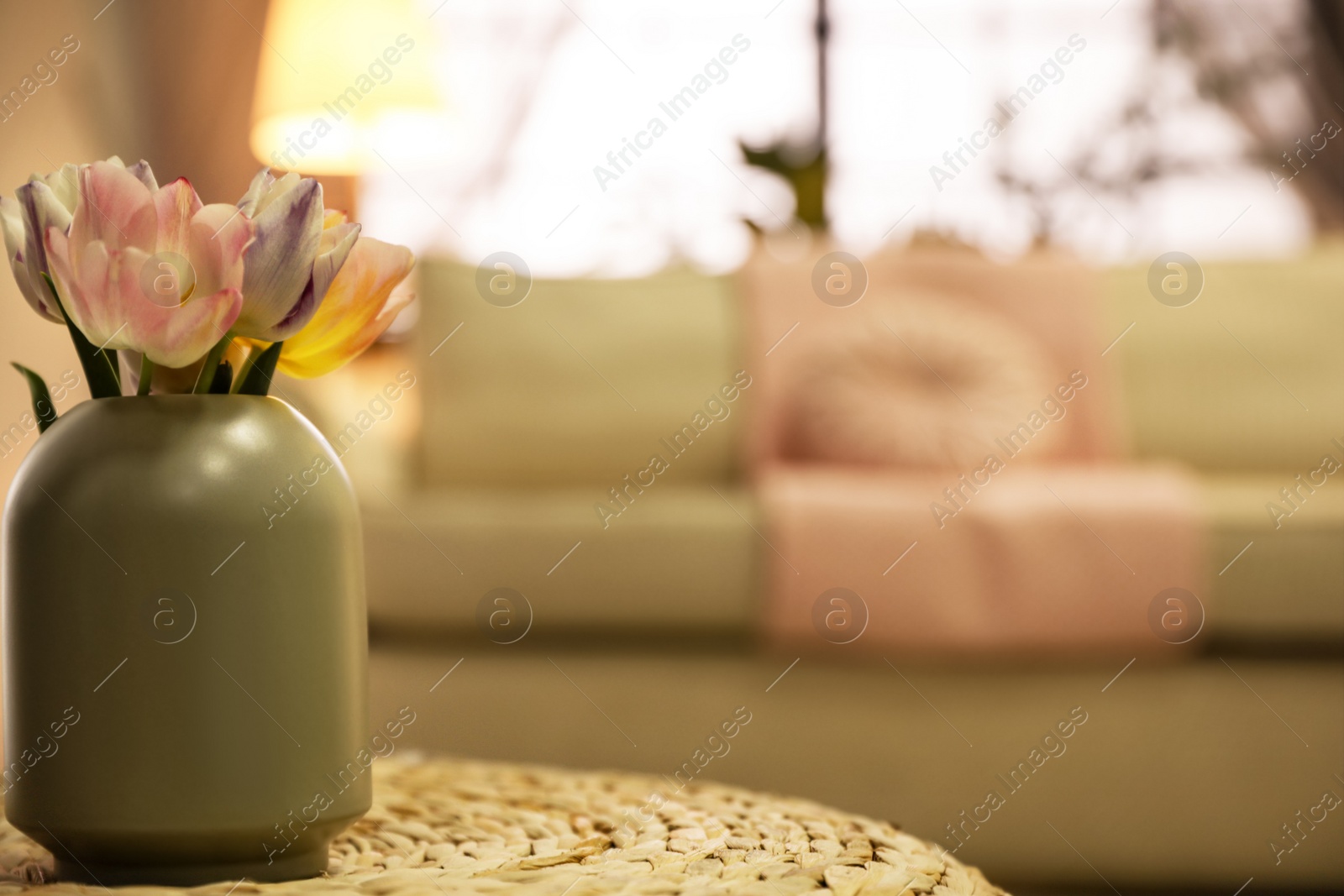 Photo of Beautiful flowers on table in cozy living room, space for text. Stylish interior design