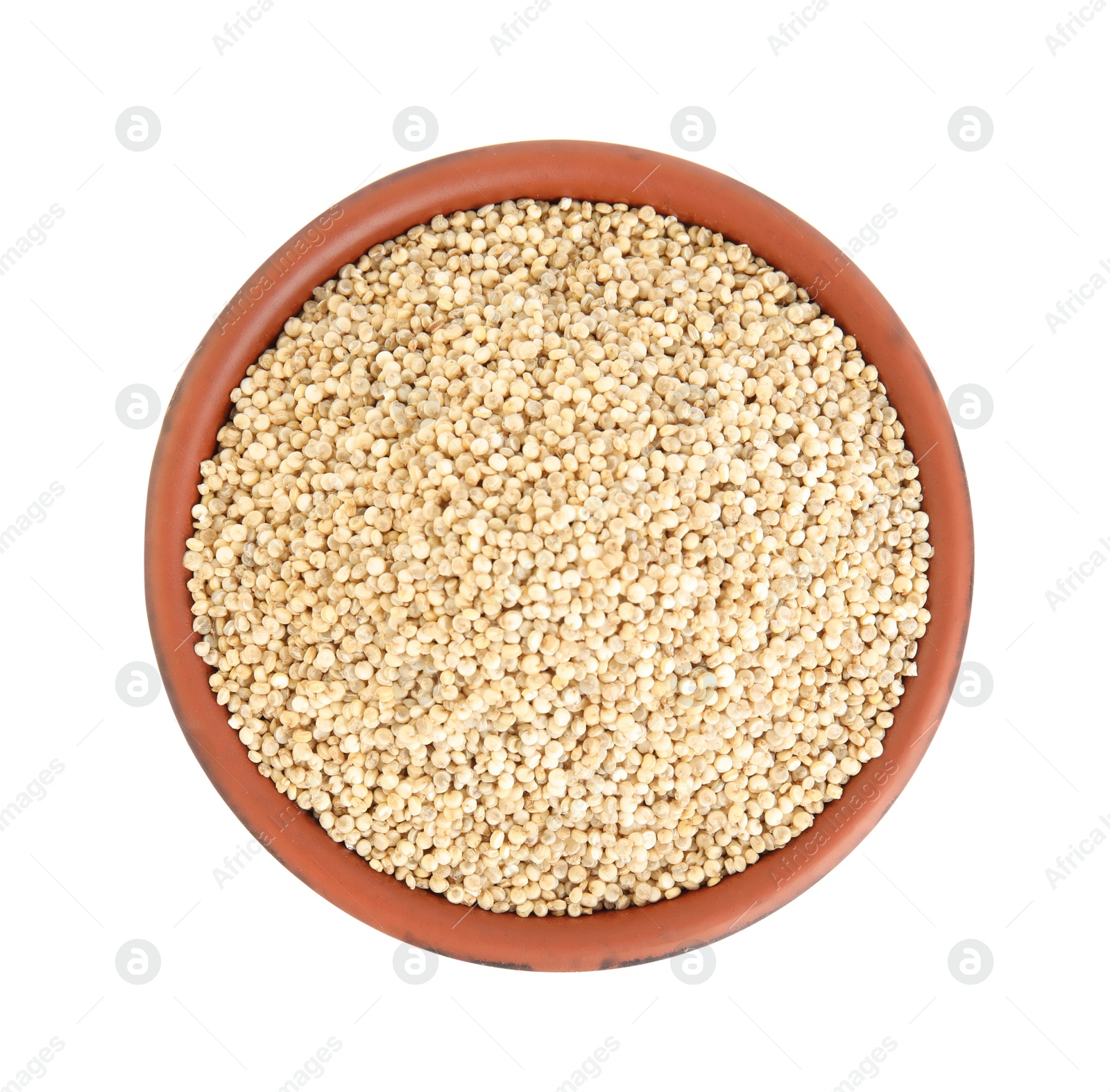 Photo of Bowl with quinoa on white background, top view