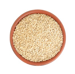 Bowl with quinoa on white background, top view