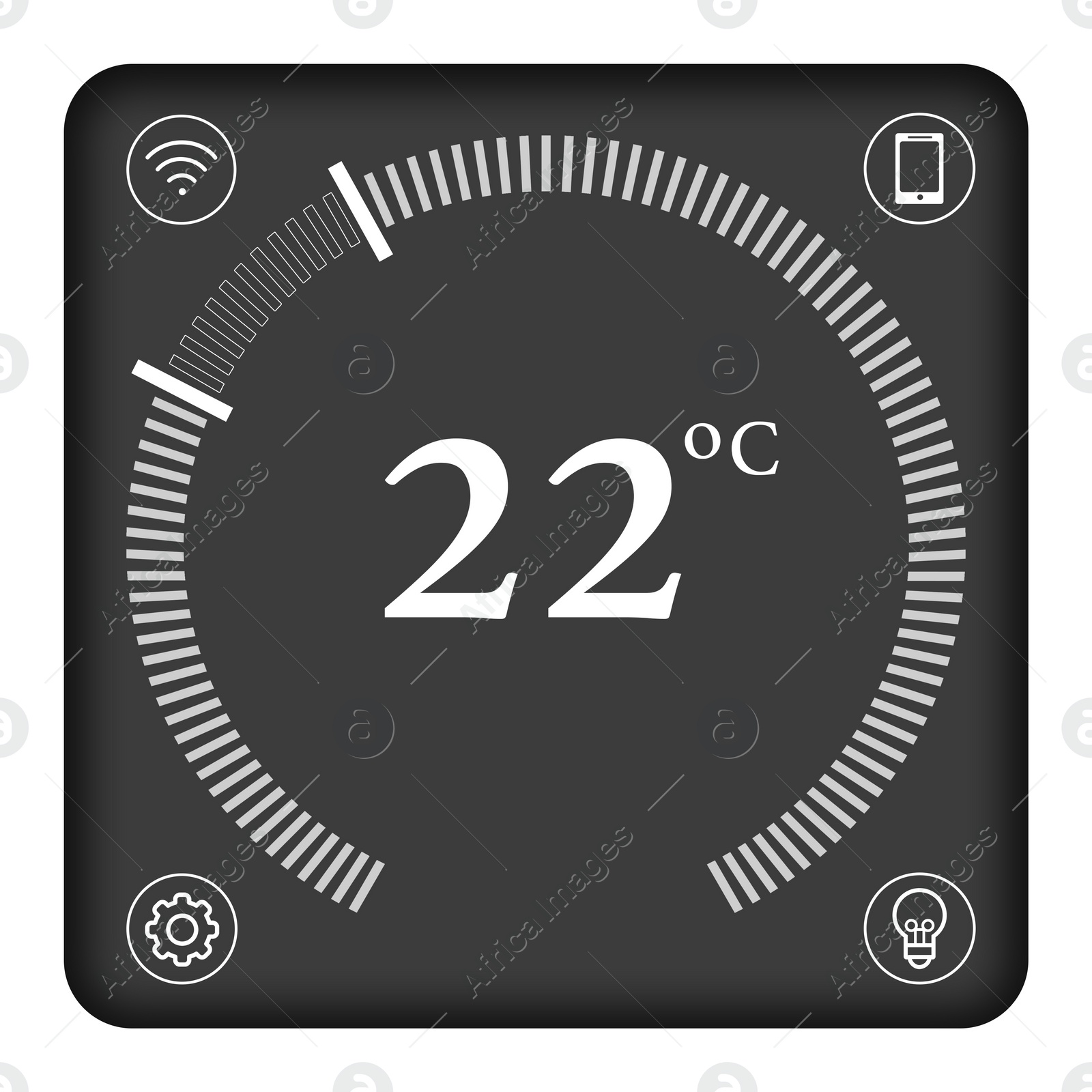 Illustration of Smart home system. Thermostat display showing ambient temperature in Celsius scale and different icons on white background