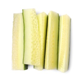 Photo of Pieces of fresh cucumber isolated on white, top view