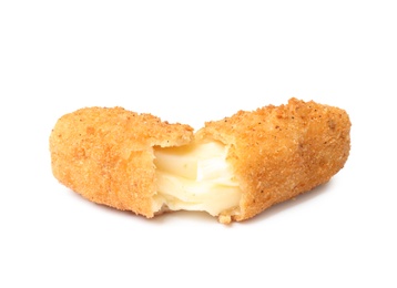 Photo of Broken tasty cheese stick on white background