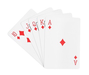 Photo of Playing cards with royal flush combination on white background, top view