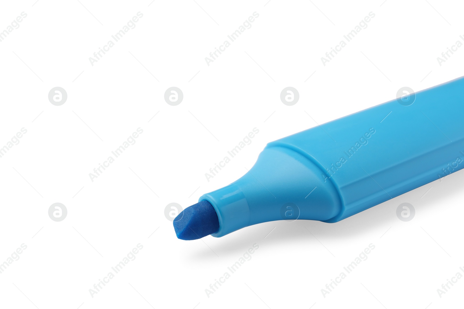 Photo of Bright blue marker isolated on white, closeup