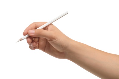 Photo of Young man holding pencil on white background, closeup