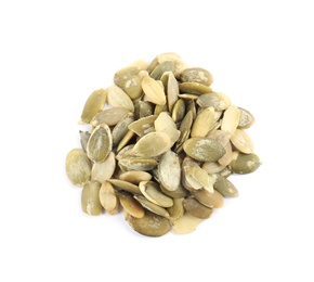 Photo of Pile of raw pumpkin seeds on white background, top view