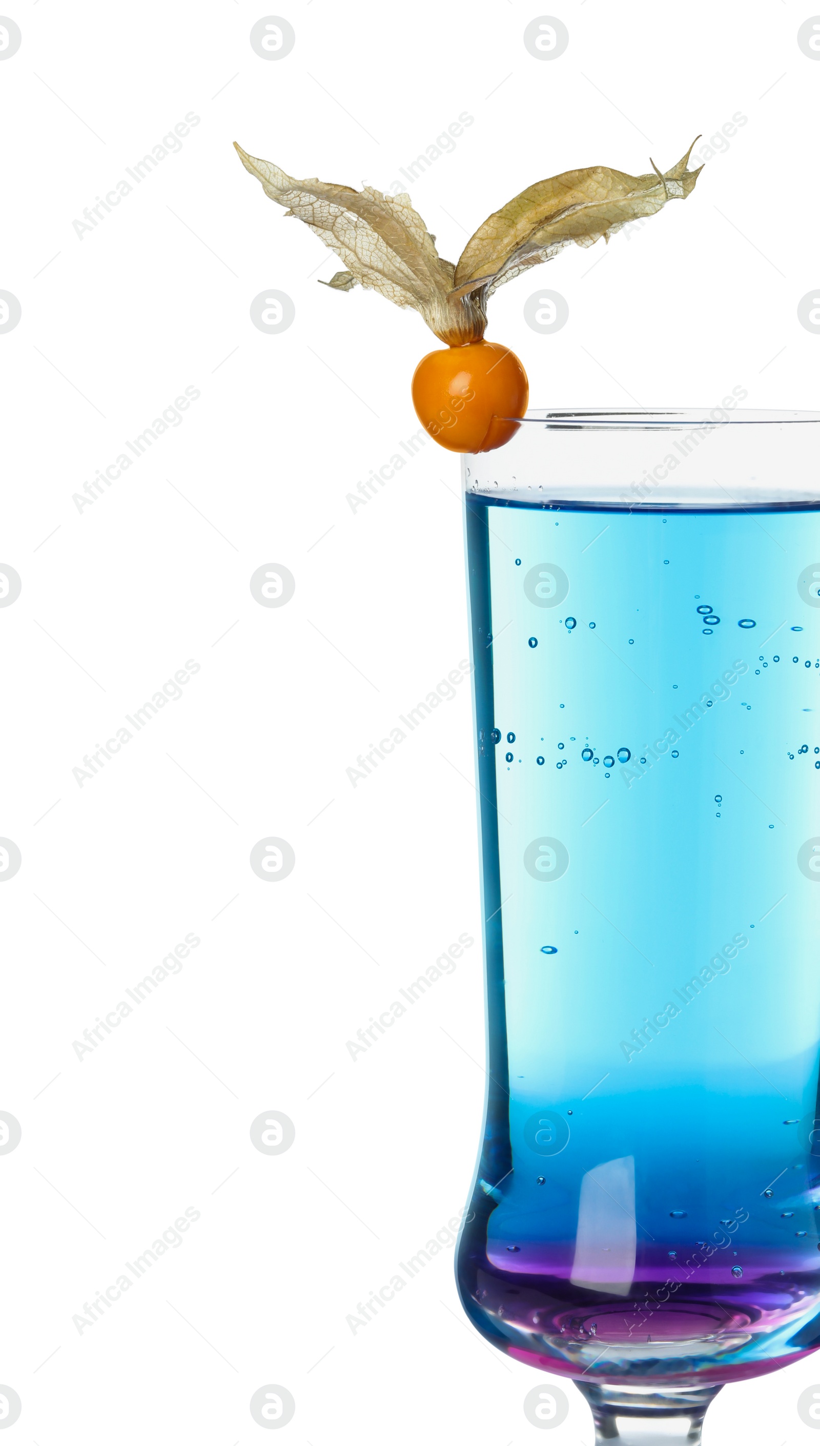 Photo of Refreshing cocktail decorated with physalis fruit on white background