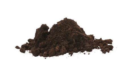Photo of Pile of soil on white background. Fertile ground