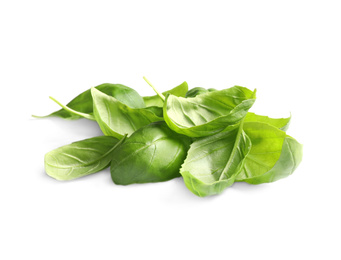 Photo of Pile of fresh basil leaves isolated on white