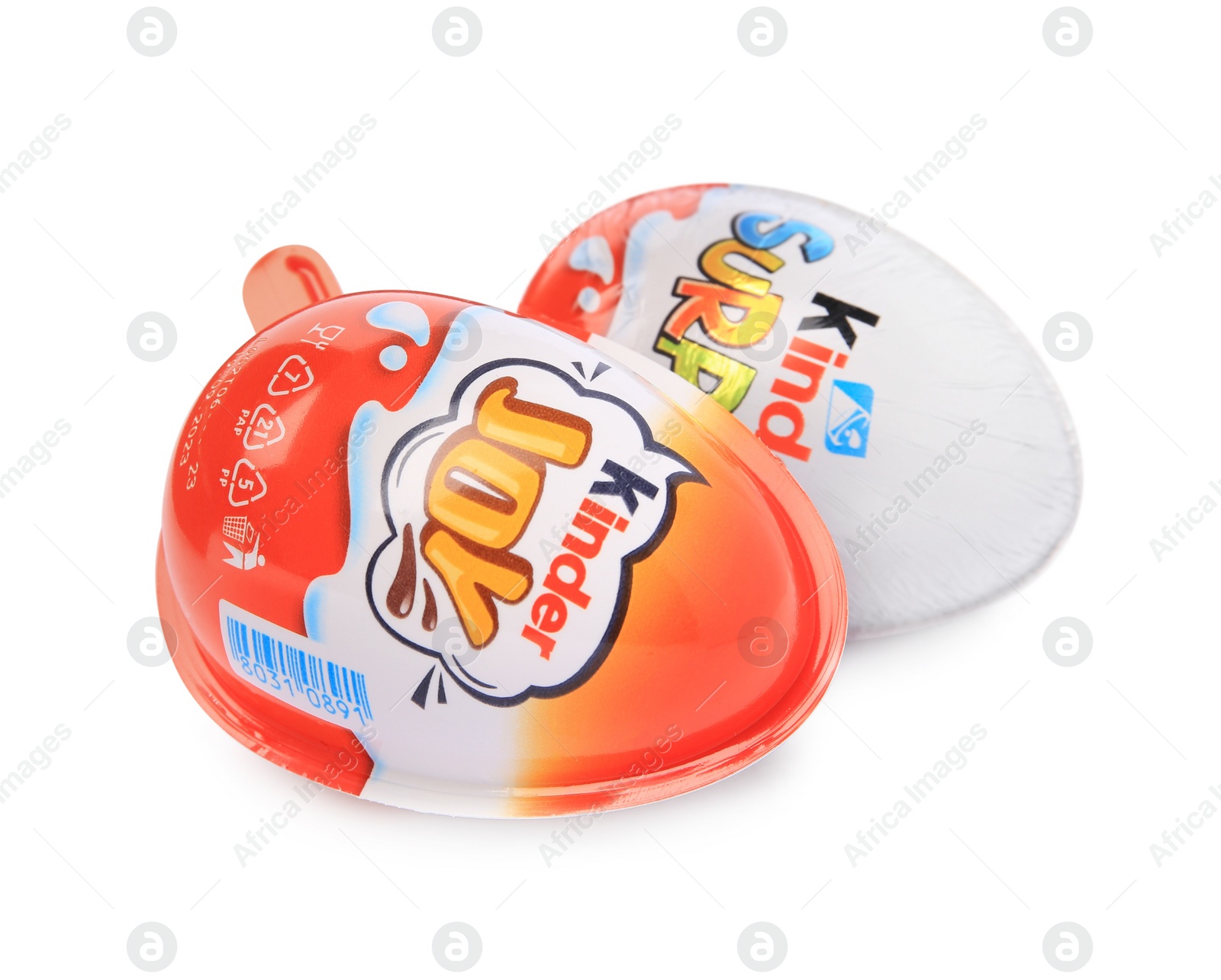 Photo of Slynchev Bryag, Bulgaria - May 24, 2023: Kinder Surprise and Joy Eggs on white background