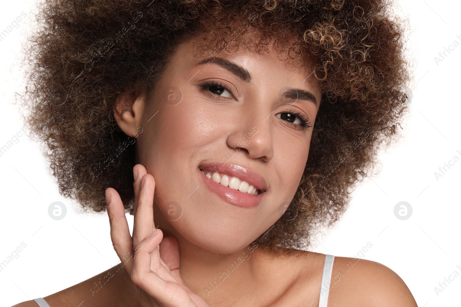 Photo of Beautiful woman with healthy skin on white background