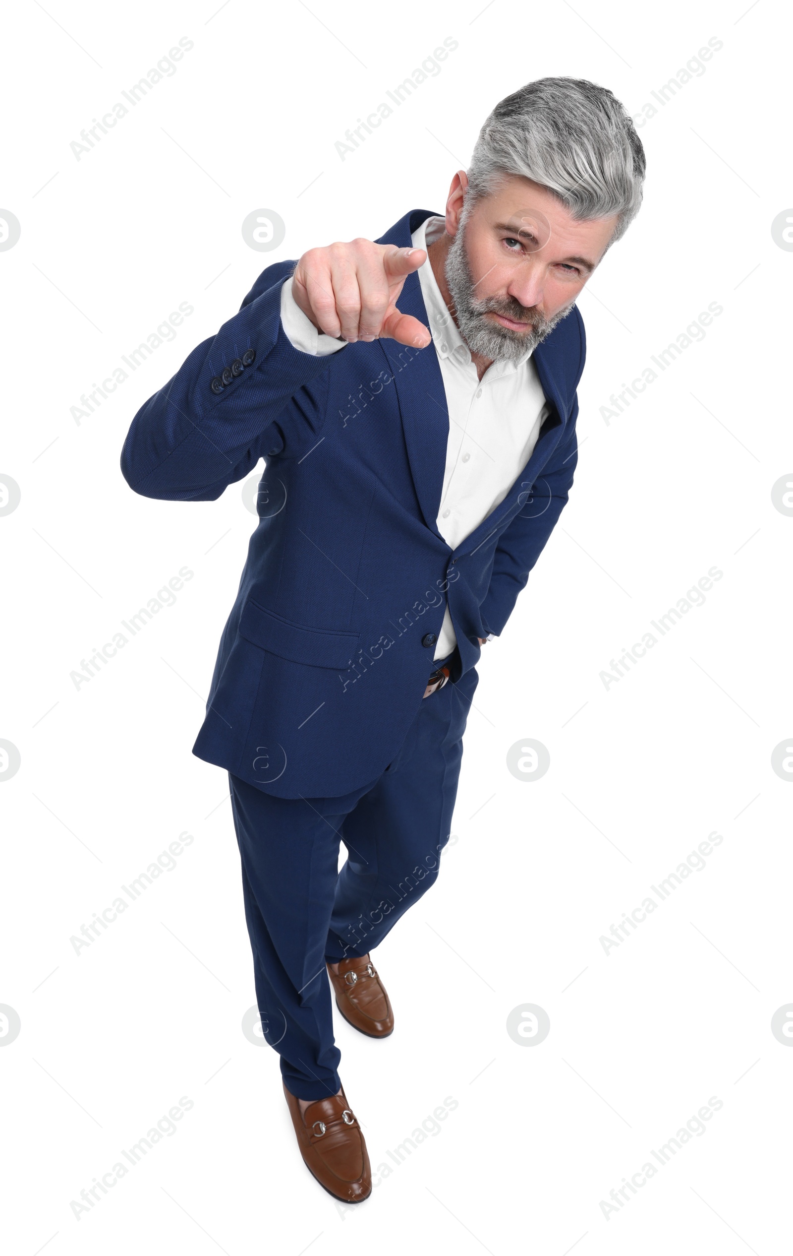 Photo of Mature businessman in stylish clothes posing on white background, above view