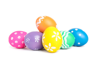 Photo of Colorful Easter eggs with different patterns isolated on white