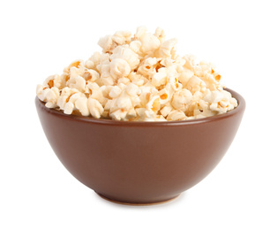 Photo of Bowl of tasty pop corn isolated on white