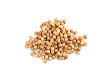 Photo of Heapdried coriander seeds on white background, top view