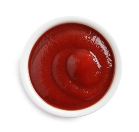 Delicious tomato sauce in bowl on white background, top view