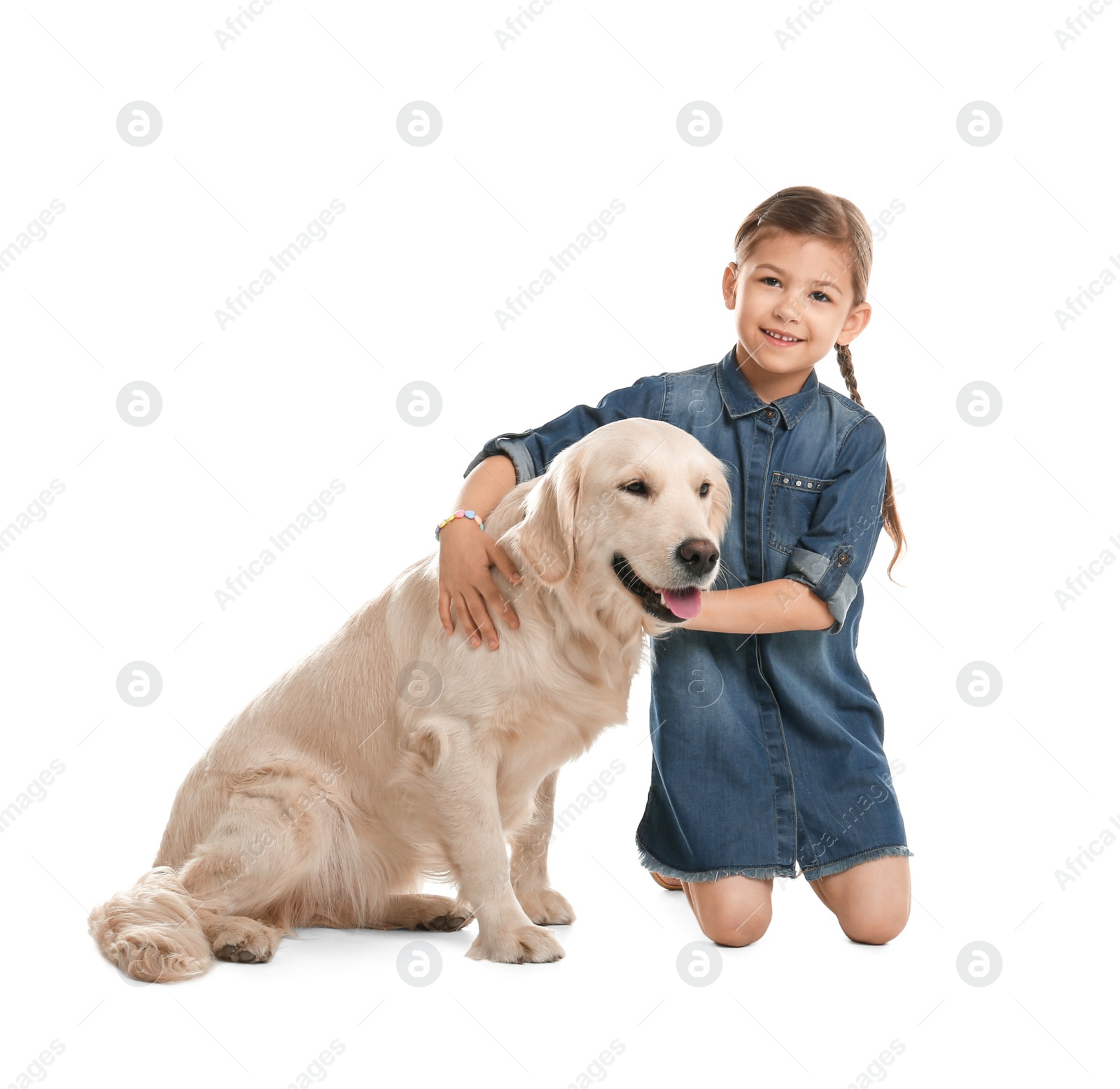 Photo of Cute little child with his pet on white background