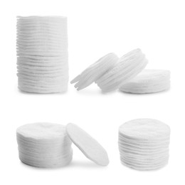 Image of Set with soft cotton pads on white background
