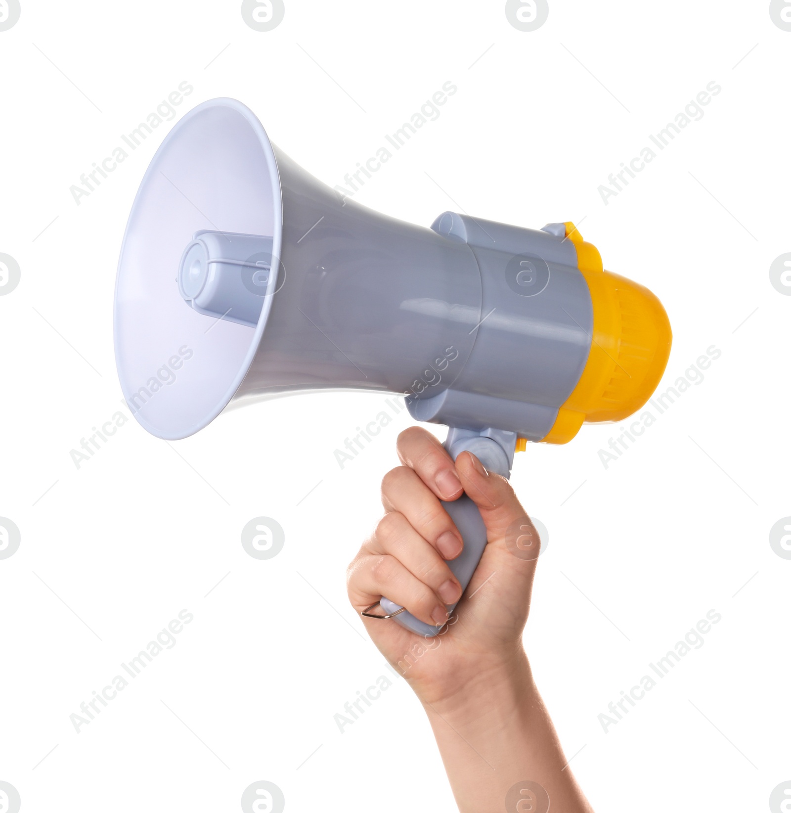 Photo of Woman holding megaphone on white background