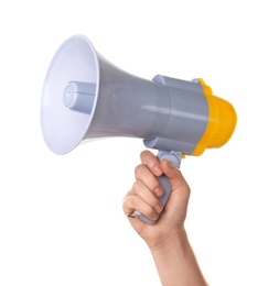 Woman holding megaphone on white background