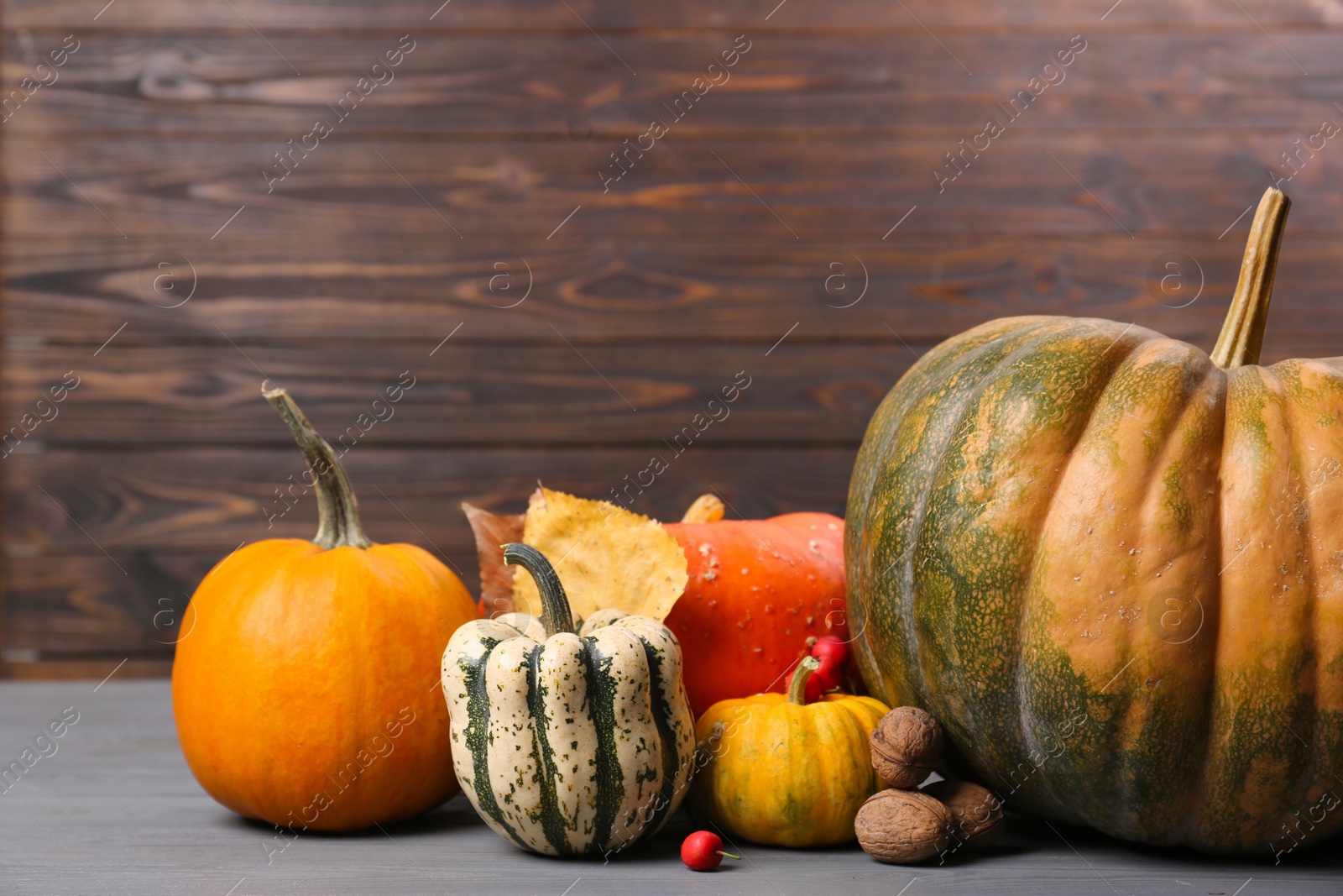 Photo of Happy Thanksgiving day. Beautiful composition with pumpkins on wooden table