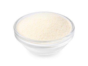 Bowl of uncooked organic semolina isolated on white