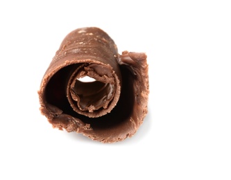 Photo of Curl of tasty chocolate on white background