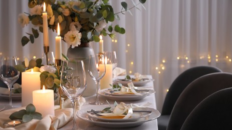 Festive table setting with beautiful decor indoors. Banner design