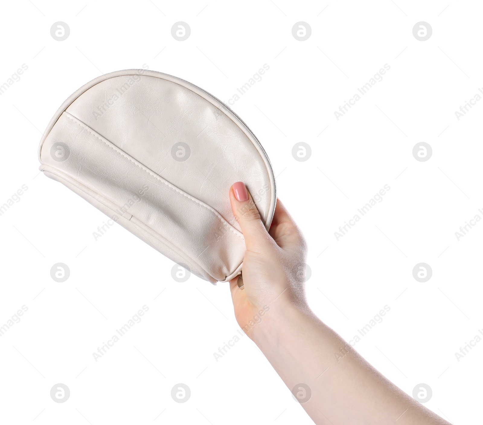 Photo of Woman with cosmetic bag isolated on white, closeup