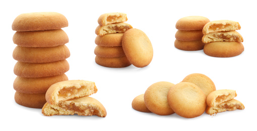 Image of Set of delicious shortbread cookies with filling on white background