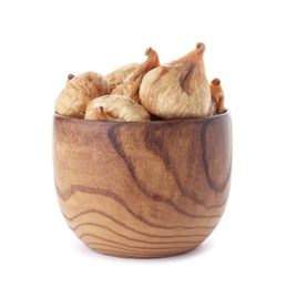 Photo of Bowl with figs on white background. Dried fruit as healthy food