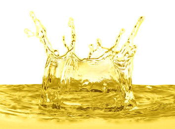 Image of Splash of natural cooking oil on white background