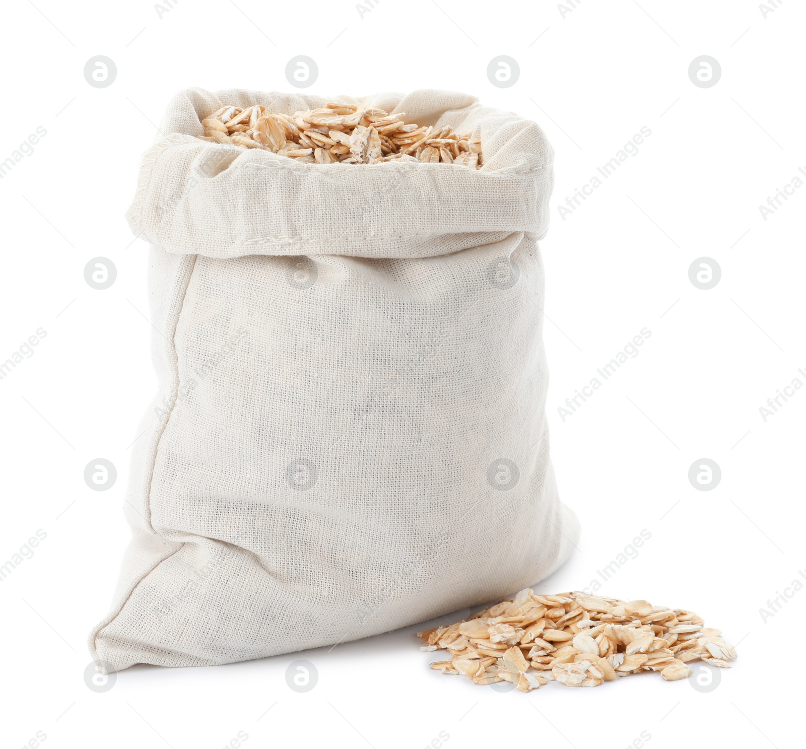 Photo of Cotton eco bag with oat flakes isolated on white