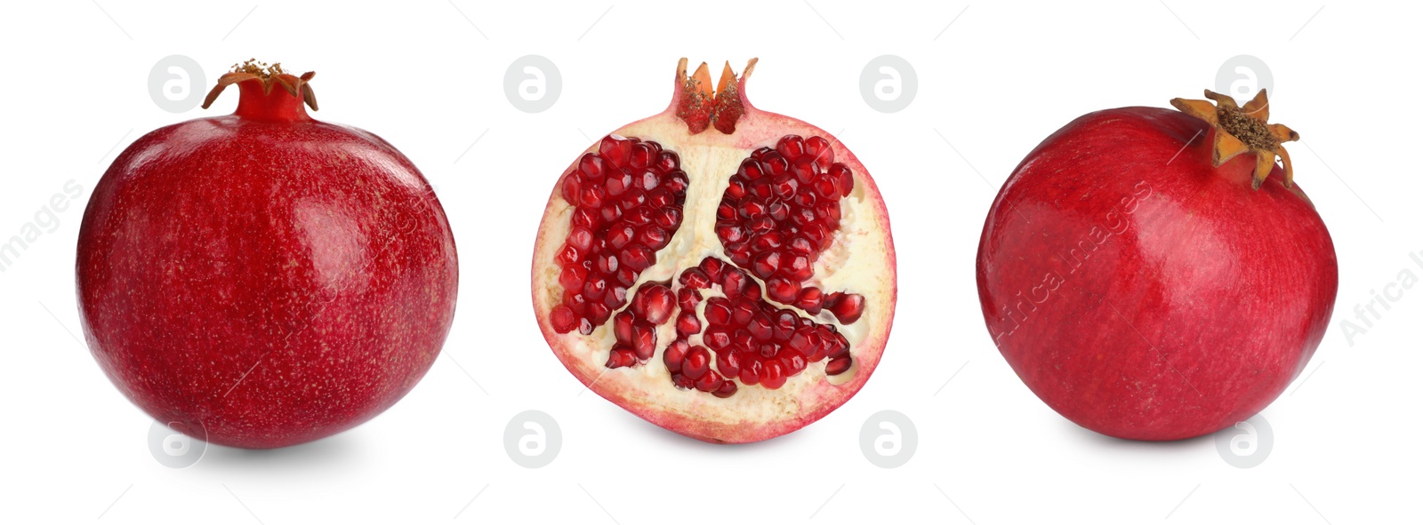 Image of Set with tasty ripe pomegranates on white background. Banner design