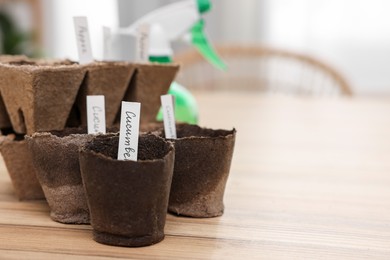 Photo of Many peat pots with cards of vegetable names on wooden table indoors, closeup with space for text. Growing seeds