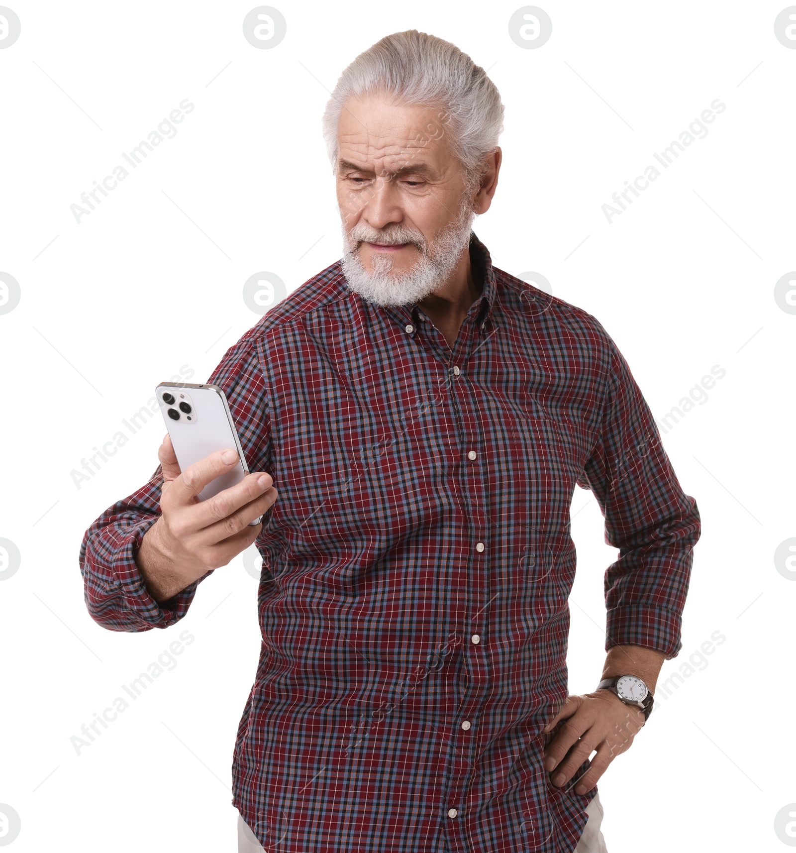 Photo of Portrait of happy grandpa using smartphone on white background
