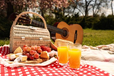 Delicious food, juice and picnic basket on blanket in park