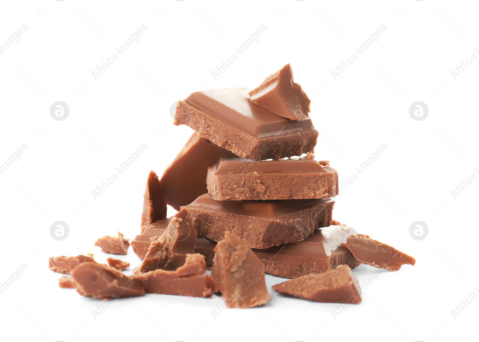 Photo of Delicious milk chocolate pieces on white background