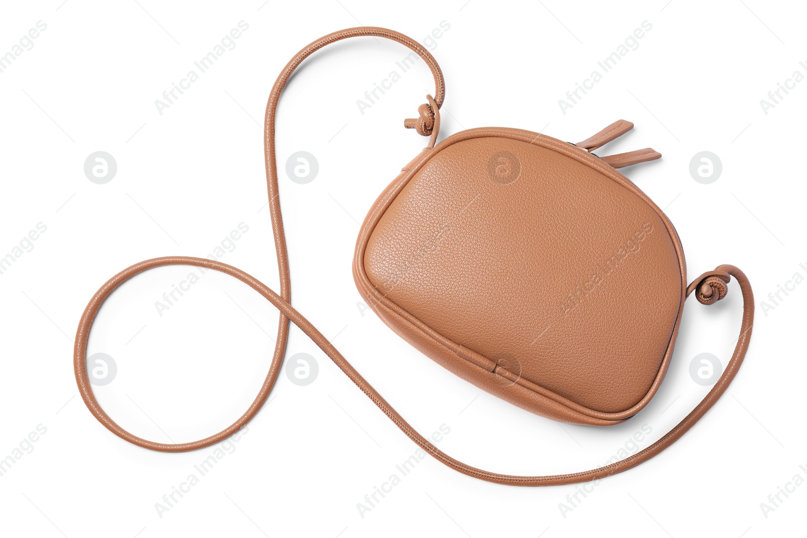 Photo of Stylish light brown leather handbag isolated on white, top view