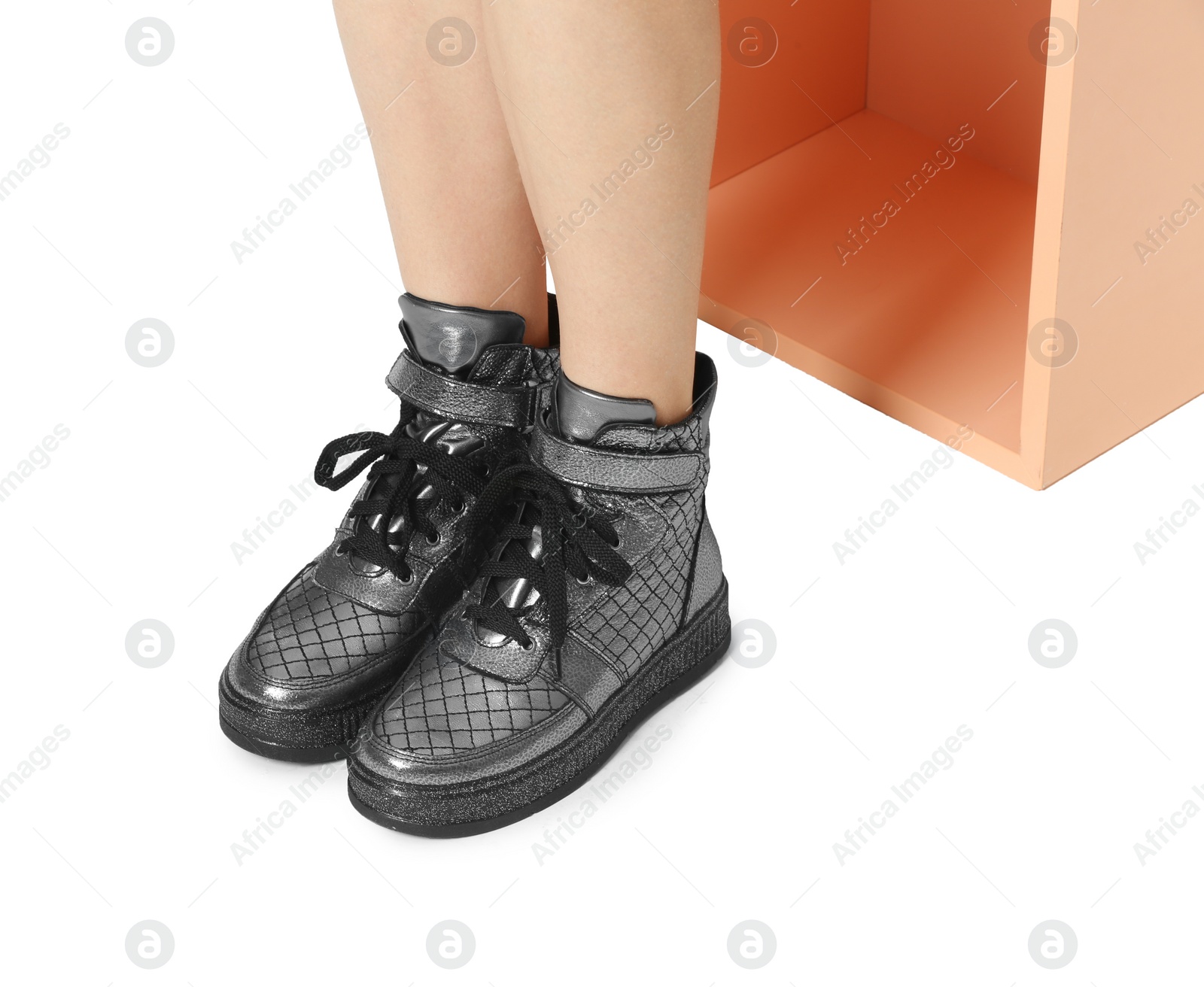 Photo of Woman in stylish shoes on white background, closeup