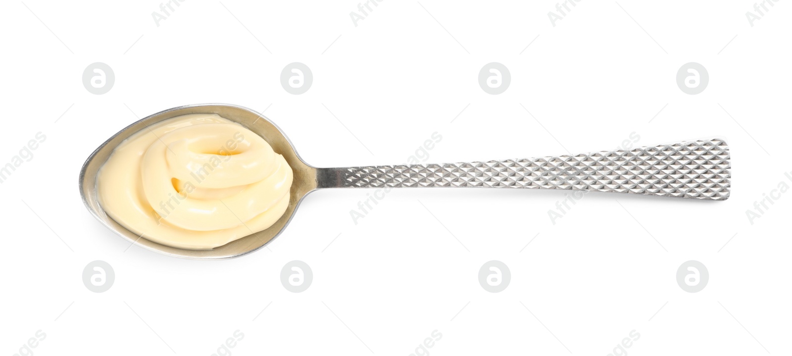 Photo of Spoon with tasty mayonnaise isolated on white, top view