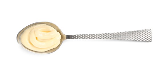 Photo of Spoon with tasty mayonnaise isolated on white, top view