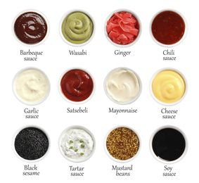Image of Set of different delicious sauces and condiments with names on white background, top view
